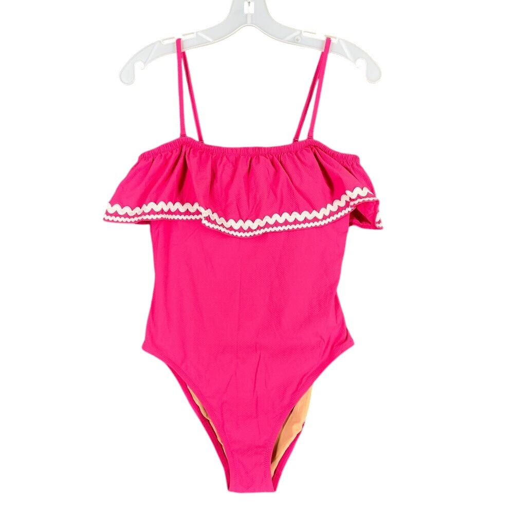 J Crew Womens Bathing Suit 6 Pink Ruffle Bandeau Rickrack One Piece Swimsuit